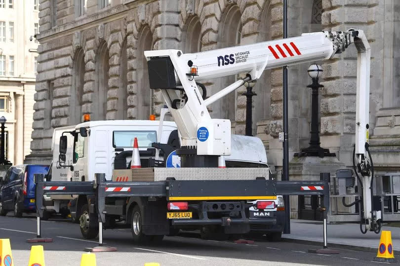 Film and TV vehicles outside the Cunard Building,on the closed off Water Street.(Pic Andrew Teebay).