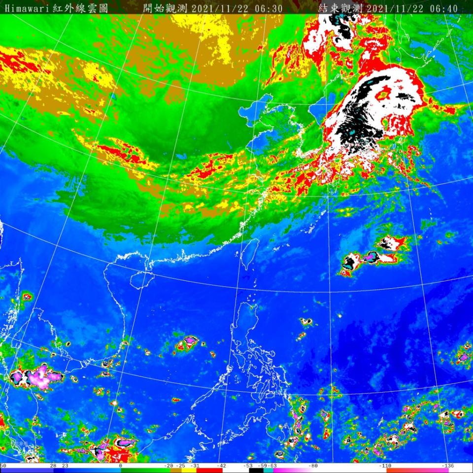 今天清晨起北台灣溫度逐漸降溫，其他地區下午起由北往南降溫，越晚越冷。（氣象局提供）

