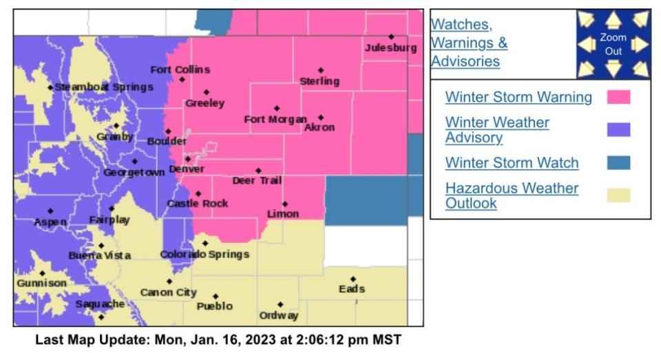 Map of winter storm warning and advisory in Colorado for Tuesday, Jan. 17 through Wednesday, Jan. 18, 2023.