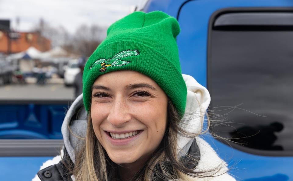 Kristen Kritou of Flemington NJ is a recently converted Eagles fan. Fans for the Eagles-Giants playoff game show up early to tailgate and party across from Lincoln Financial Field in Philadelphia on January 21, 2023.