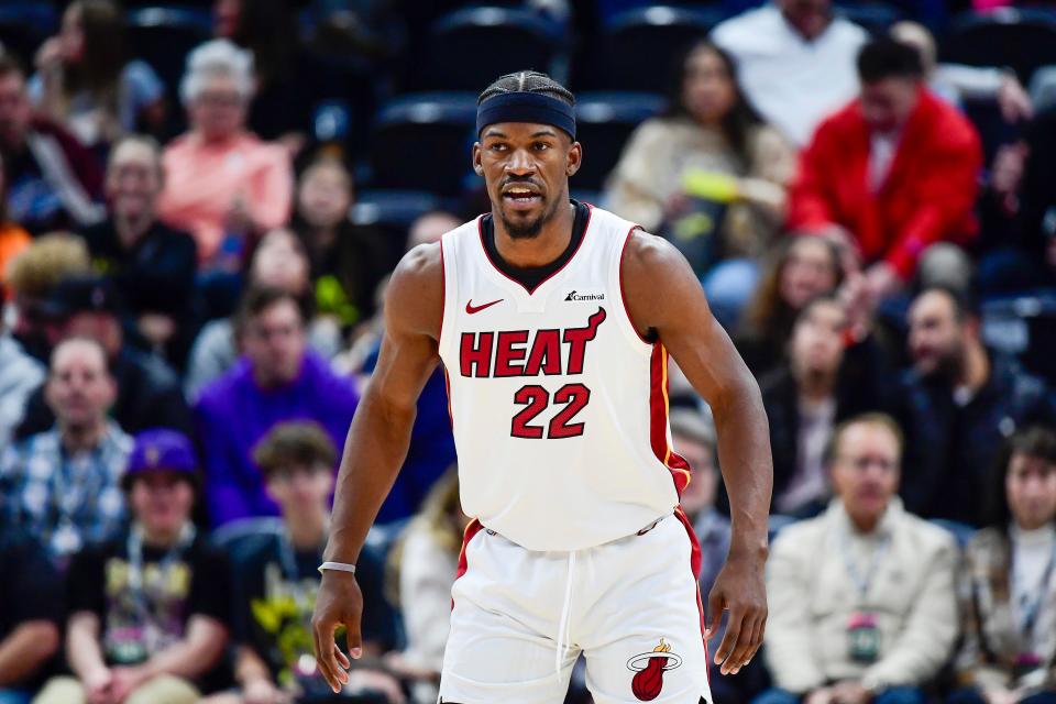 Dec 31, 2022; Salt Lake City, Utah, USA; Miami Heat forward Jimmy Butler (22) on the court against the Utah Jazz during the first half at Vivint Arena. Mandatory Credit: Christopher Creveling-USA TODAY Sports