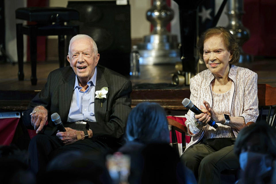 FILE - Former U.S. President Jimmy Carter and his wife, former first lady Rosalynn Carter, sit together during a reception to celebrate their 75th wedding anniversary on Saturday, July 10, 2021, in Plains, Ga. On Thursday, Aug. 18, 2022, Carter, the second-oldest U.S. first lady ever, turns 95. (AP Photo/John Bazemore, Pool, File) (John Bazemore / Pool via AP file)