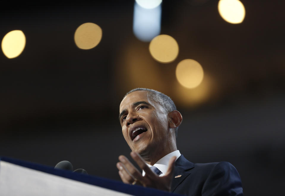 FILE - President Barack Obama speaks during the 2016 Democratic National Convention in Philadelphia, July 27, 2016. (AP Photo/Carolyn Kaster, File)