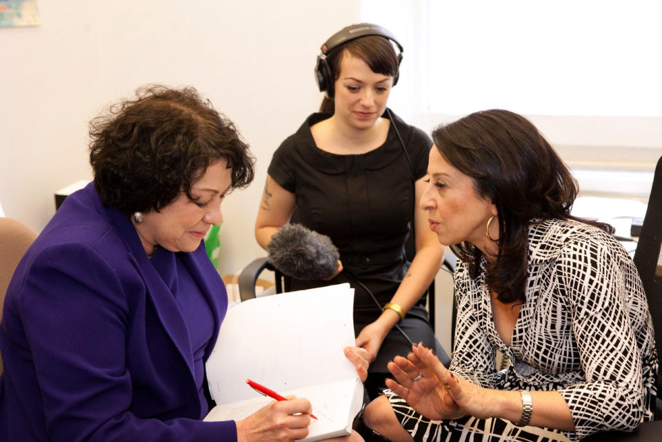 Image: Maria Hinojosa, with Nadia Reiman, interviews Sonia Sotomayor, 2012. (Courtesy of Latino USA)