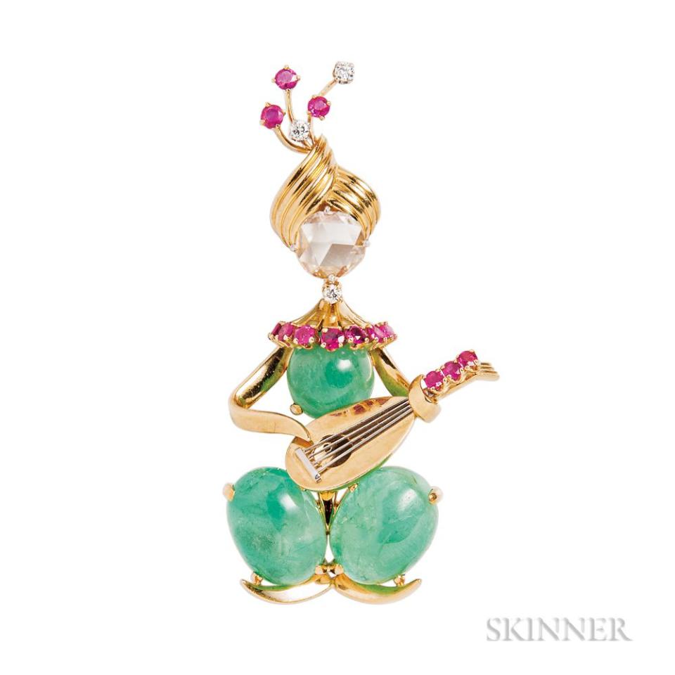 <p>Among the offerings at Skinner's were a 14 carat emerald, diamond, and ruby brooch, also by Van Cleef & Arpels.</p><p><br>If these jewels have ignited your gift-giving instincts, check out <a rel="nofollow noopener" href="https://www.townandcountrymag.com/holidays/" target="_blank" data-ylk="slk:T&C's holiday gift guide;elm:context_link;itc:0;sec:content-canvas" class="link "><em>T&C</em>'s holiday gift guide</a>!</p>