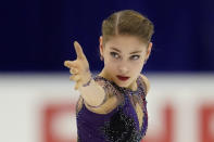 Alena Kostornaia of Russia performs in the ladies free skating program during the ISU Grand Prix of Figure Skating in Sapporo, northern Japan, Saturday, Nov. 23, 2019. (AP Photo/Toru Hanai)