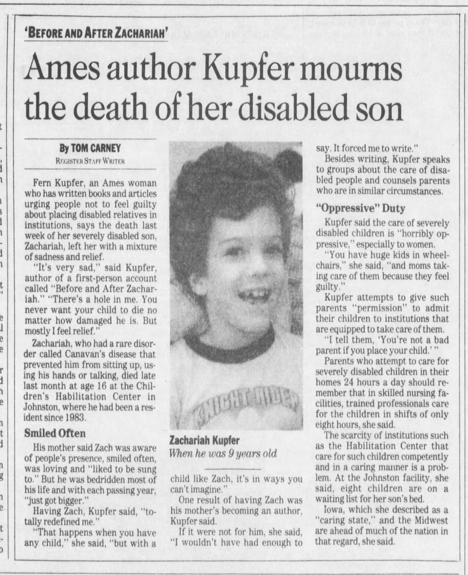 A June 11, 1992, Des Moines Register story notes the life of Zachariah Kupfer, who died at age 16.