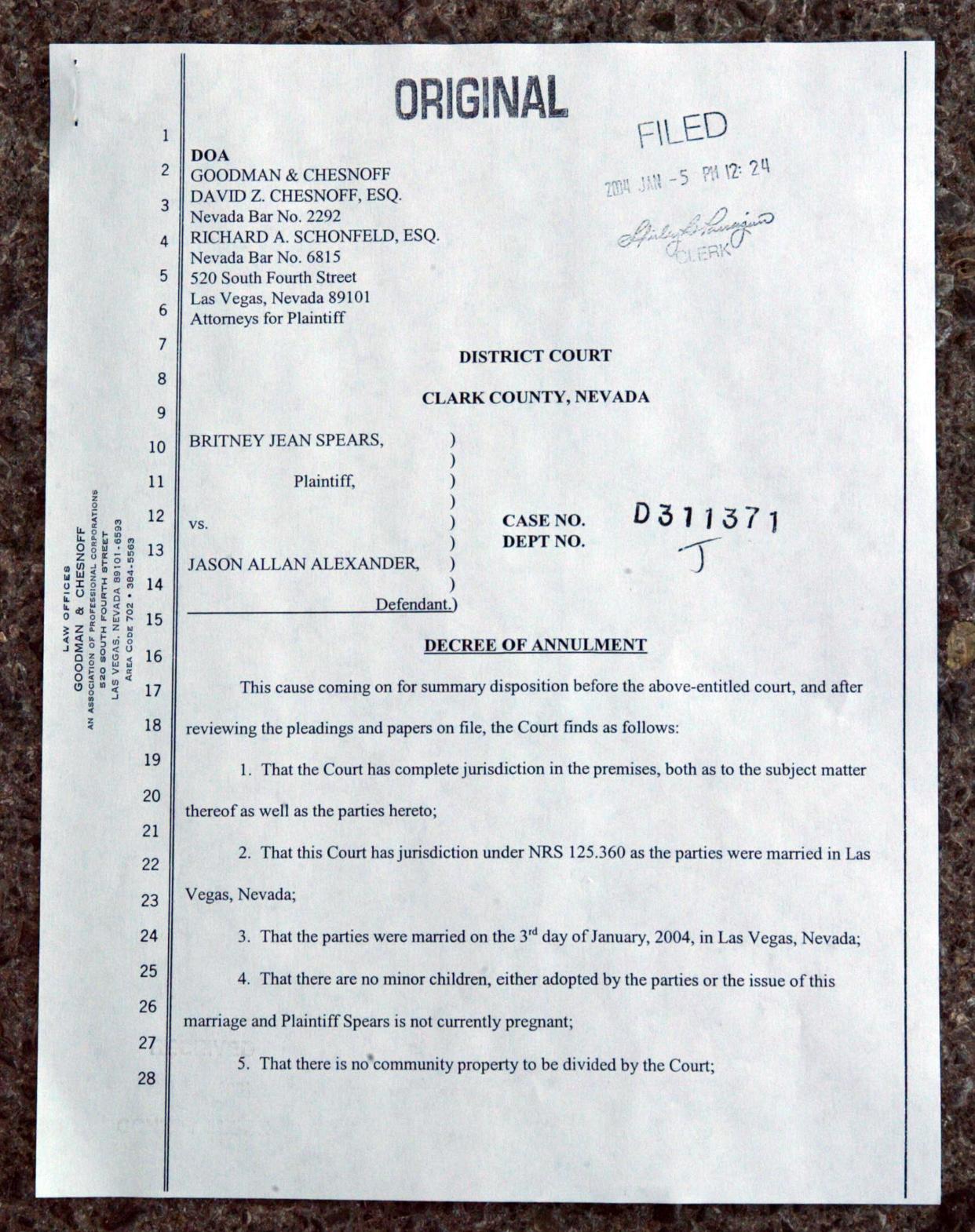 LAS VEGAS, NV - JANUARY 5:  A copy of the affidavit for annulment of marriage for recording artist/bride Britney Spears and groom Jason Allen Alexander on file at the Family Courts Service Building January 5, 2004 in Las Vegas, Nevada.  The wedding ceremony was performed on January 3, 2004.  (Photo by Frederick M. Brown/Getty Images)