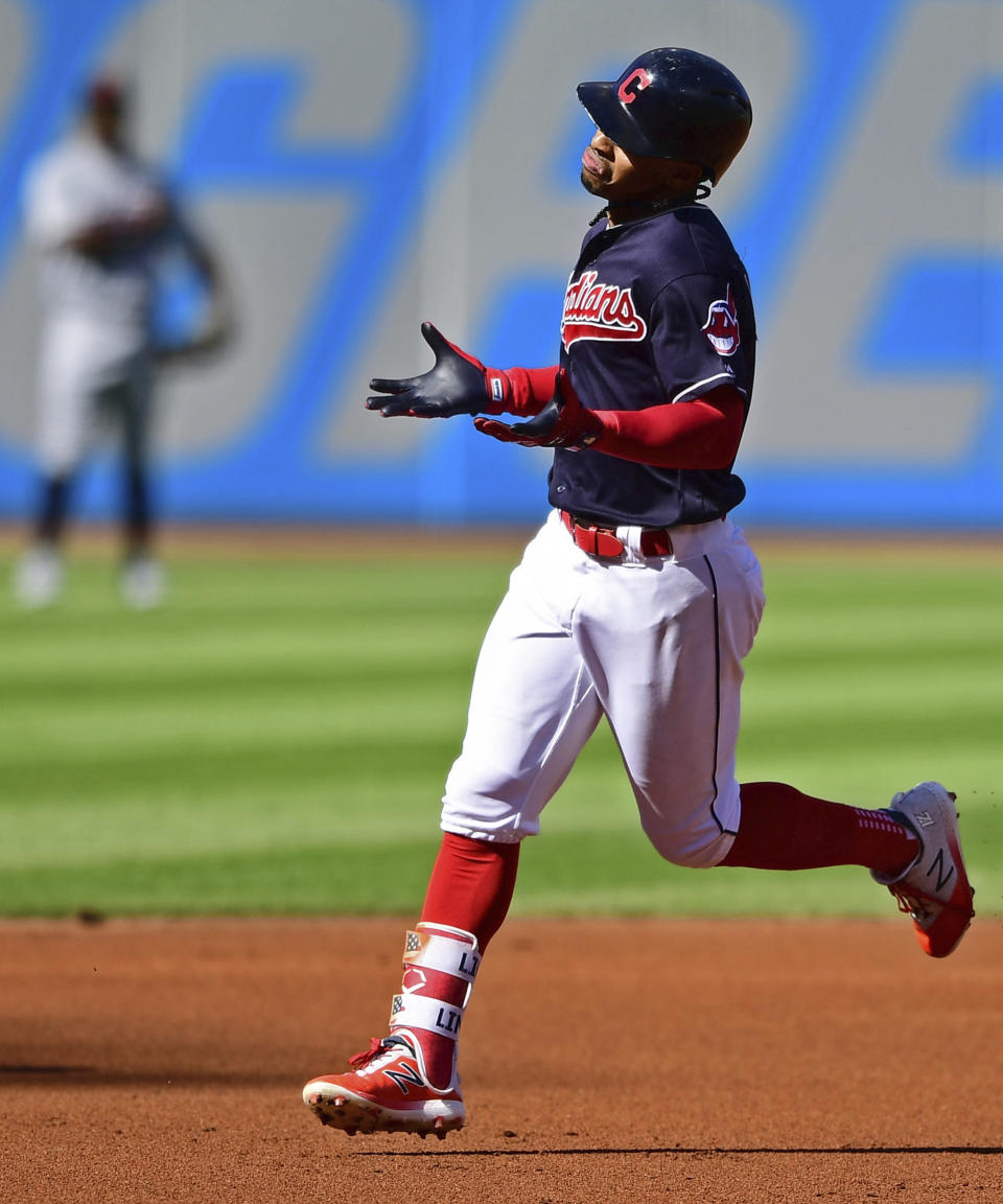 Cleveland Indians' Francisco Lindor runs the bases after hitting a solo home run off Detroit Tigers starting pitcher Michael Fulmer in the first inning of a baseball game, Saturday, Sept.15, 2018, in Cleveland. (AP Photo/David Dermer)