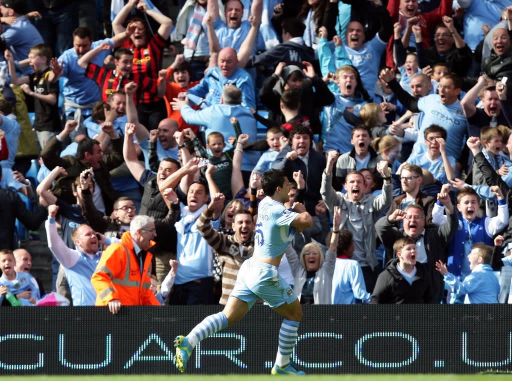 It is 10 years this week since Sergio Aguero’s title-clinching winner against QPR (Dave Thompson/PA) (PA Archive)