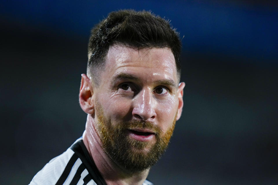 Argentina's Lionel Messi looks on during an international friendly soccer match against Panama in Buenos Aires, Argentina, Thursday, March 23, 2023. (AP Photo/Natacha Pisarenko)