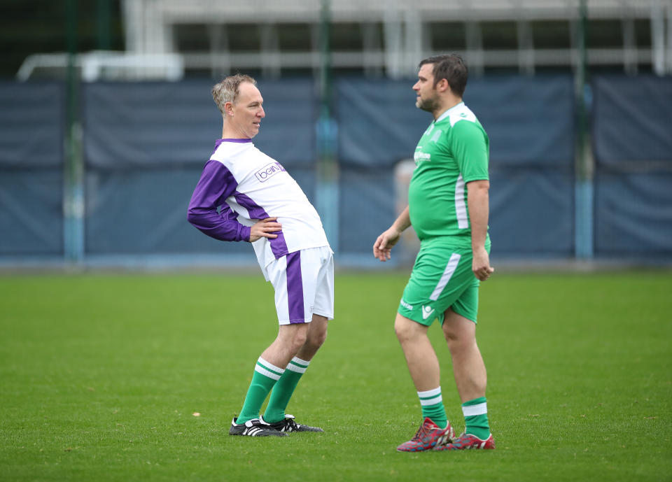 Former Scottish Labour leader Jim Murphy (left) and former Labour political advisor James Mills playing in the annual party conference football game between Conservative MPs and a team of journalists at the City Football Academy Stadium, Manchester.