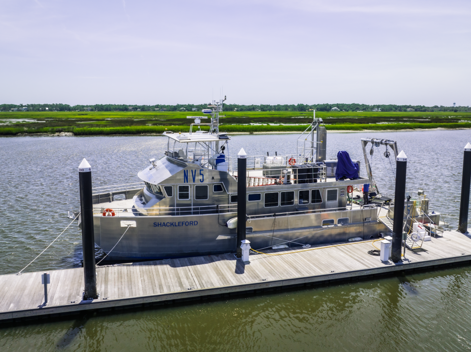 The R/V Shackleford did surveys earlier this month in an ocean area roughly 20 miles south of Bald Head Island where two offshore wind farms are planned. Data from the expedition will be used to site buoys to measure weather conditions and track marine life.