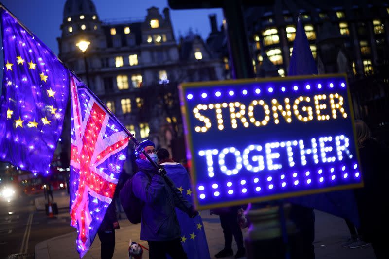 Anti-Brexit protesters demonstrate outside the Houses of Parliament in London