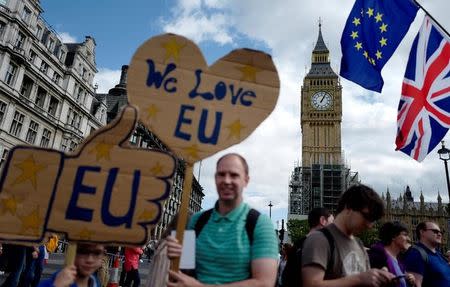 Demonstrators stand in Parliament Square during the anti-Brexit 'People's March for Europe', in central London, Britain September 9, 2017. REUTERS/Tolga Akmen/Files