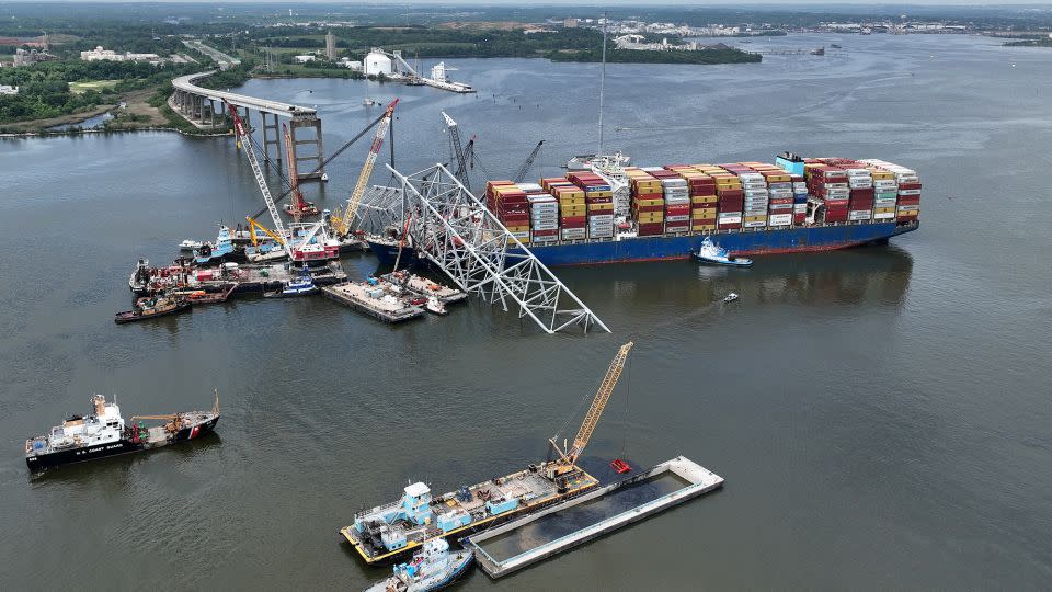 Salvage crews work to remove wreckage from the Dali on May 8, six weeks after the cargo ship collided with the Francis Scott Key Bridge in Baltimore, Maryland. - Chip Somodevilla/Getty Images