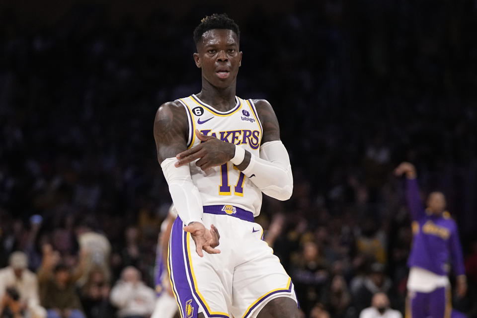 Los Angeles Lakers guard Dennis Schroder (17) reacts after making a 3-point basket against the Denver Nuggets in the second half of Game 3 of the NBA basketball Western Conference Final series Saturday, May 20, 2023, in Los Angeles. (AP Photo/Mark J. Terrill)