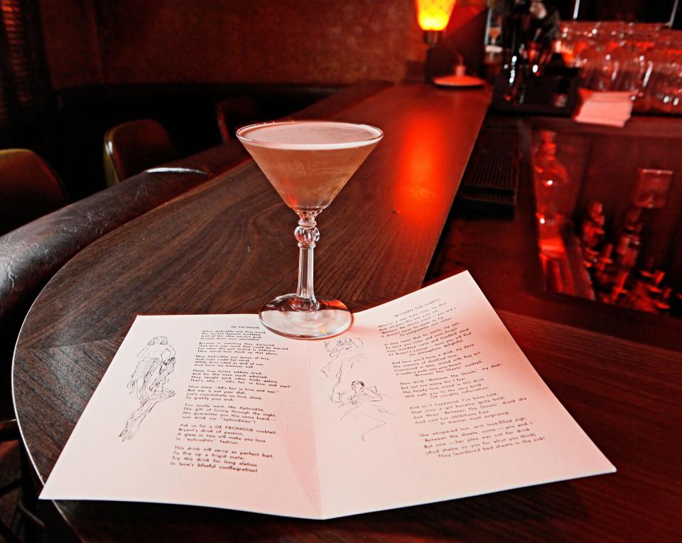 Bryant's Cocktail Lounge in Milwaukee has a few featured drinks, including this one called the Defrongue, served with a poem.
