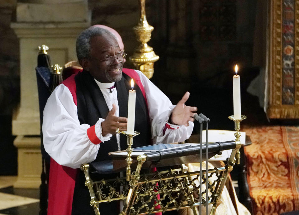 The Most Rev Bishop Michael Curry, primate of the Episcopal Church, gives an address during the wedding of Prince Harry and Meghan Markle in St George’s Chapel at Windsor Castle (Picture: PA)