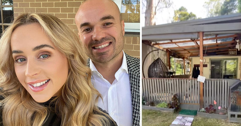 L: Selfie of The Block stars Tom and Sarah-Jane. R: The Block stars Tom and Sarah-Jane's caravan in Victoria