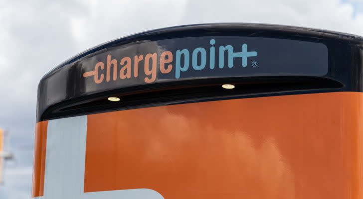 A close-up of an orange ChargePoint (CHPT) station.