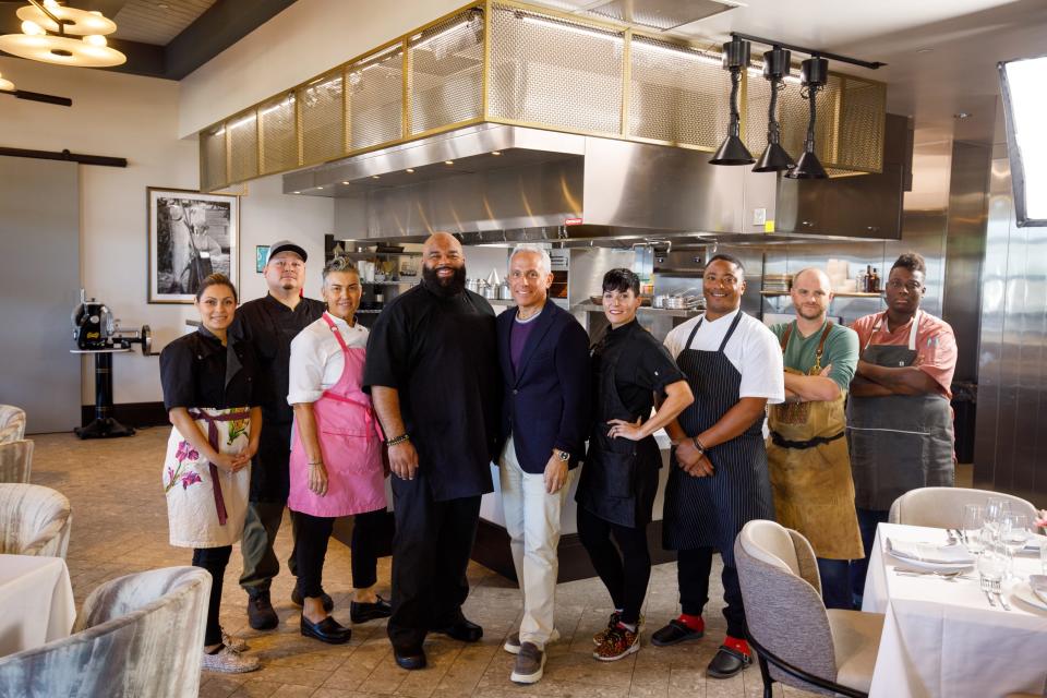 Host Geoffrey Zakarian with contestants Jesa Henneberry, Mariana Alvarado, Demetrius Baxter, Coby Farrow, Brett Vibber, Alicia Watson, Torrece Gregoire aka “Chef T”, and Leo Davila as seen on "Big Restaurant Bet," Season 1. The show filmed at the Luminary Hotel in downtown Fort Myers.