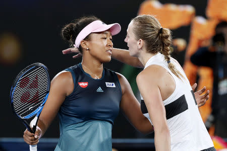 Tennis - Australian Open - Women's Singles Final - Melbourne Park, Melbourne, Australia, January 26, 2019. Czech Republic's Petra Kvitova congratulates Japan's Naomi Osaka after the match. REUTERS/Kim Kyung-Hoon