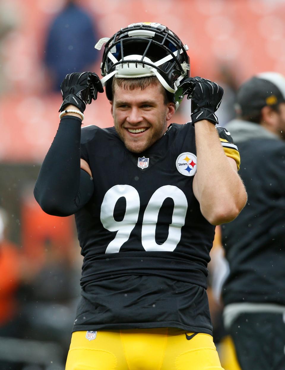 Pittsburgh Steelers linebacker T.J. Watt smiles during warm ups before a game against the Cleveland Browns.
