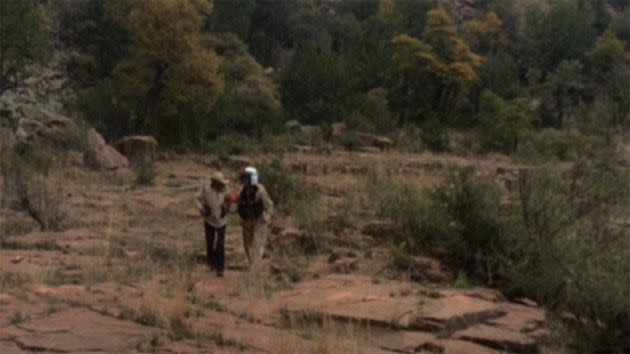 Anne Rodgers was found nine days later and is pictured on the left during her rescue. Photo:Arizona Department of Public Safety