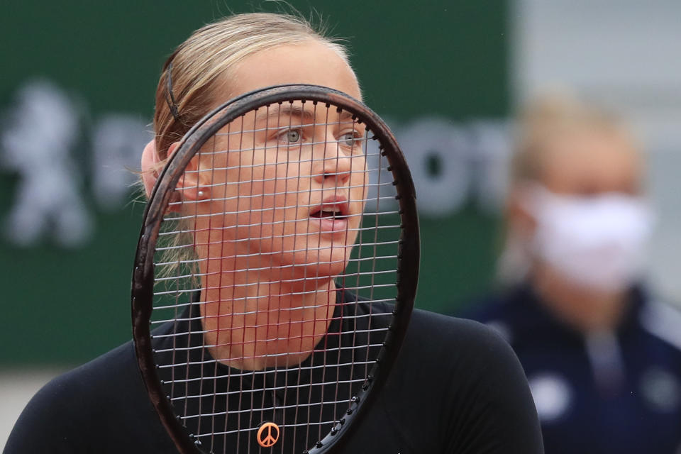 Slovakia's Anna Karolina Schmiedlova waits to return the ball in her first round match of the French Open tennis tournament against Venus Williams of the U.S. at the Roland Garros stadium in Paris, France, Sunday, Sept. 27, 2020. (AP Photo/Michel Euler)