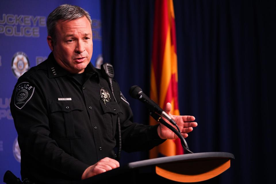 Larry Hall, the Chief of Police for the Buckeye Police Department, answers questions regarding Anaiah Walker's death investigation during a press conference at Phoenix Police Department on Wednesday, Nov. 30, 2022, in Phoenix. Walker was found dead on the I-10 median, west of Watson Road, in May 2020. Buckeye and Phoenix police, through the Silent Witness program, increased their reward for any information regarding the case to $12,000.