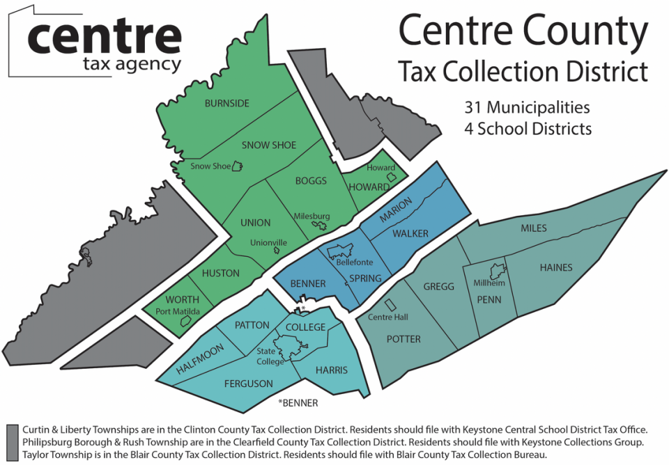 Centre Tax Agency serves as the designated collector of local earned income tax for 31 Centre County municipalities spread across four school districts.