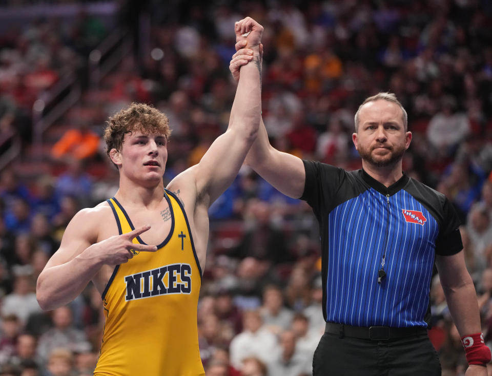 CJ Walrath of Notre Dame, Burlington won the Class 2A state championship at 182 pounds at Wells Fargo Arena on Saturday.