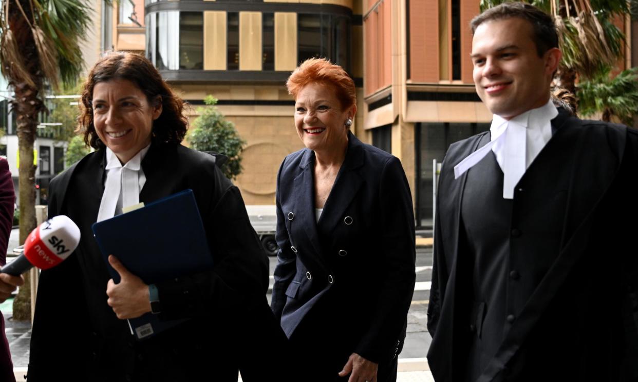 <span>Greens senator Mehreen Faruqi has brought a racial discrimination case against Pauline Hanson (centre) alleging she was subjected to racial vilification, abuse and discrimination over a tweet.</span><span>Photograph: Dan Himbrechts/EPA</span>