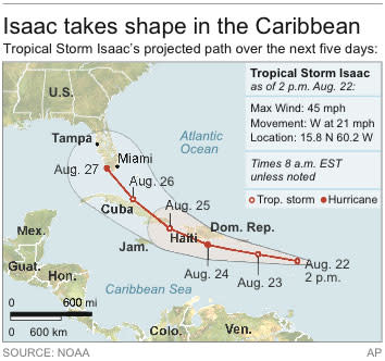 Map locates Tropical Storm Isaac and its projected path for the next five days