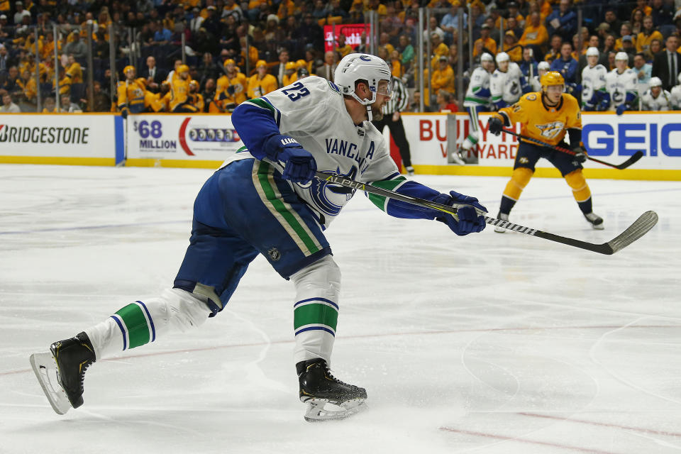 NASHVILLE, TENNESSEE - APRIL 04: Alexander Edler #23 of the Vancouver Canucks plays against the Nashville Predators at Bridgestone Arena on April 04, 2019 in Nashville, Tennessee. (Photo by Frederick Breedon/Getty Images)