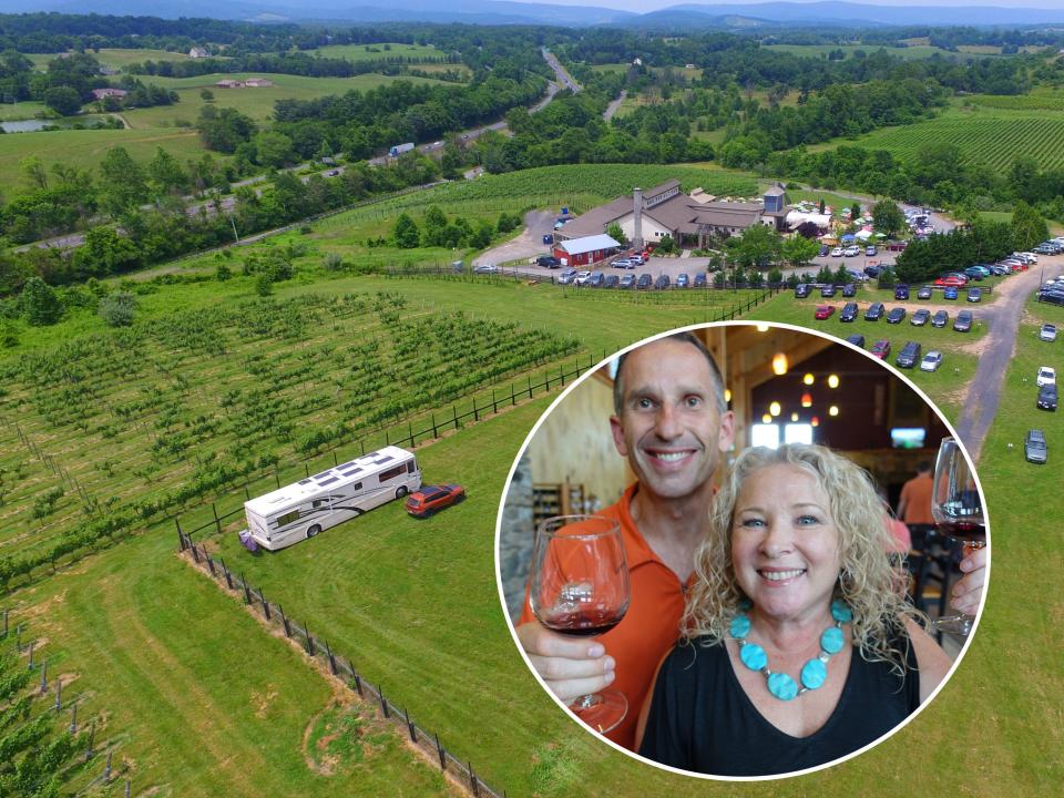 An ariel photo of an RV parked at a winery in Virginia with A photo of Marc and Julie holding wine glasses in the bottom right corner.