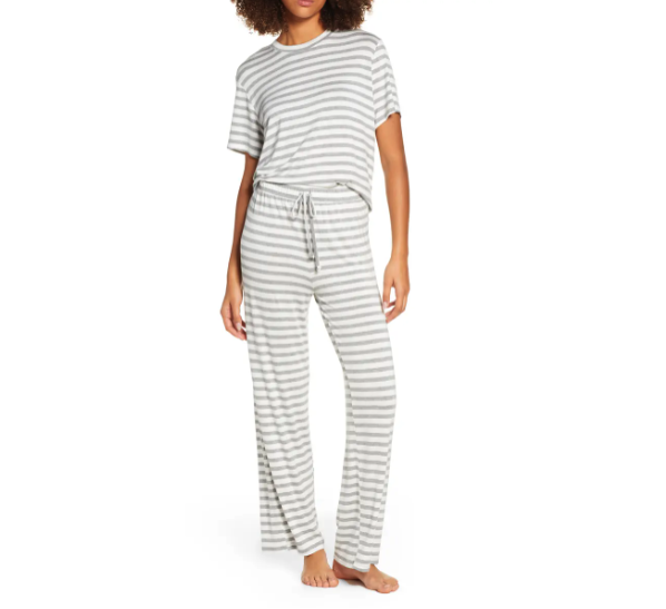 Model wears Honeydew Intimates All American Pajamas in ivory/grey stripe