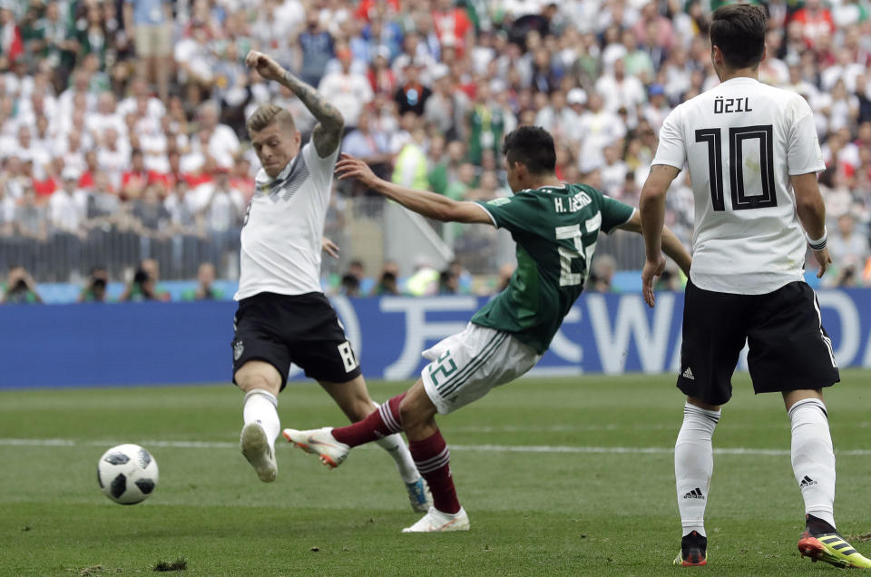 Mexico’s Hirving Lozano smashes in the winner against Germany at the Luzhniki Stadium. (PA)