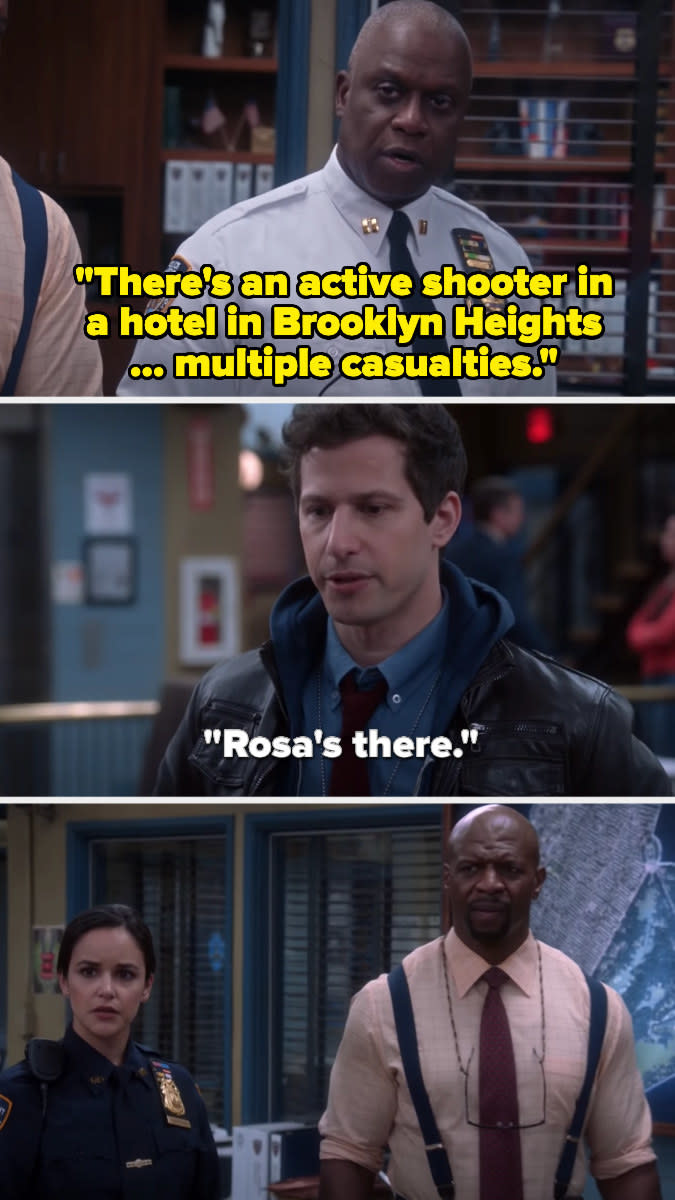 Holt tells everyone that there's an active shooter situation with multiple casualties and Jake says that Rosa's there