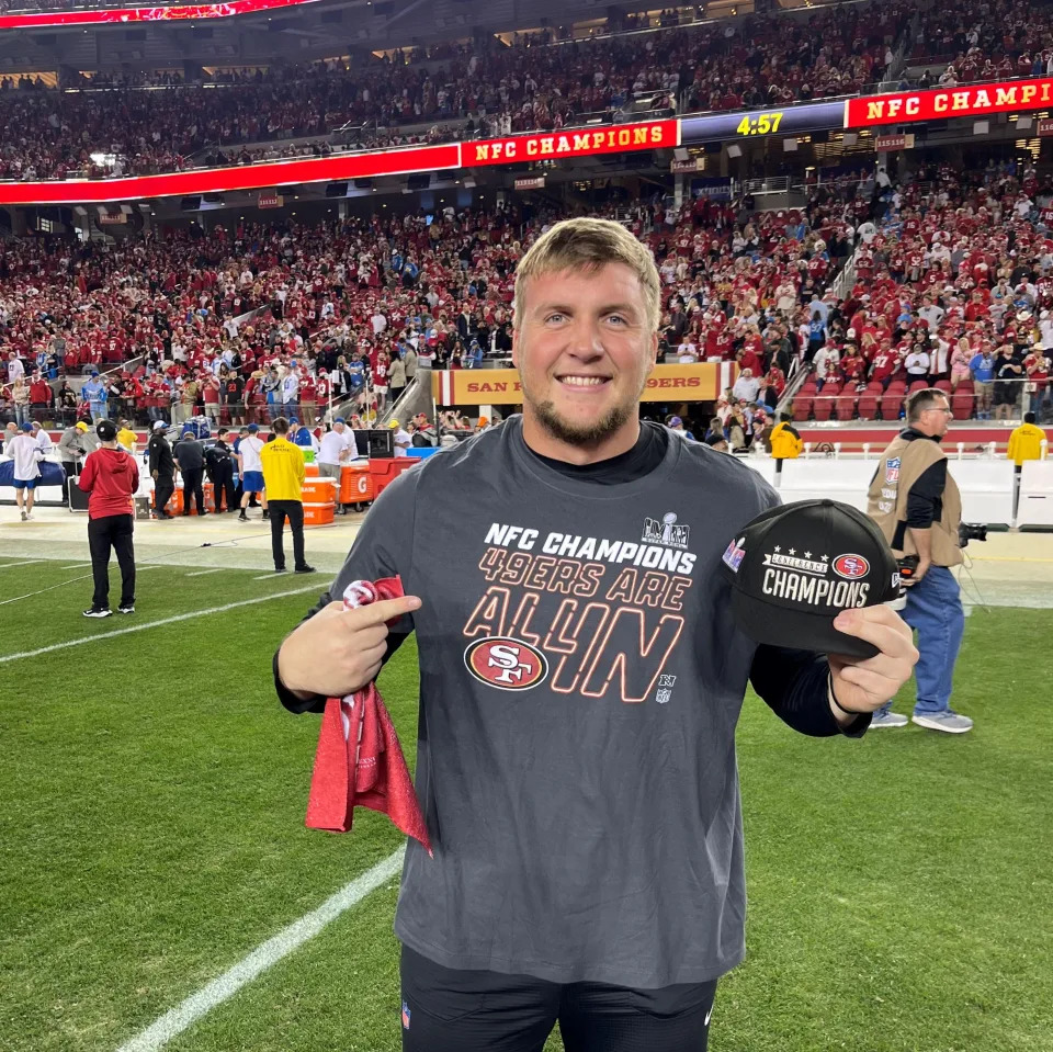 Spencer Waege of South Shore, a 2017 Watertown High School graduate, is pictured with San Francisco 49ers' NFC Championship gear after the 49ers rallied to beat the Detroit Lions 34-31 on Sunday, Jan. 28, 2024 at Levi's Stadium in Santa Clara, Calif. Waege, a defensive lineman, spent training camp with the 49ers and was later signed to the team's practice squad.