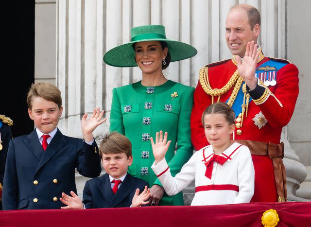 <p>Samir Hussein/WireImage</p> Kate Middleton, Prince William, Prince George, Prince Louis and Princess Charlotte attend Trooping the Colour 2023