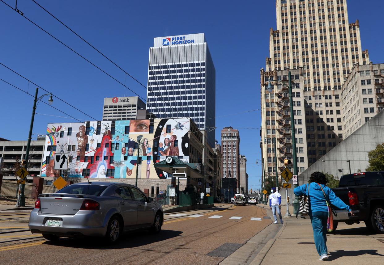 The First Horizon building is shown in Downtown Memphis on Feb. 28, 2022. A proposed acquisition by Canadian lender Toronto-Dominion Bank Group fell apart this week.