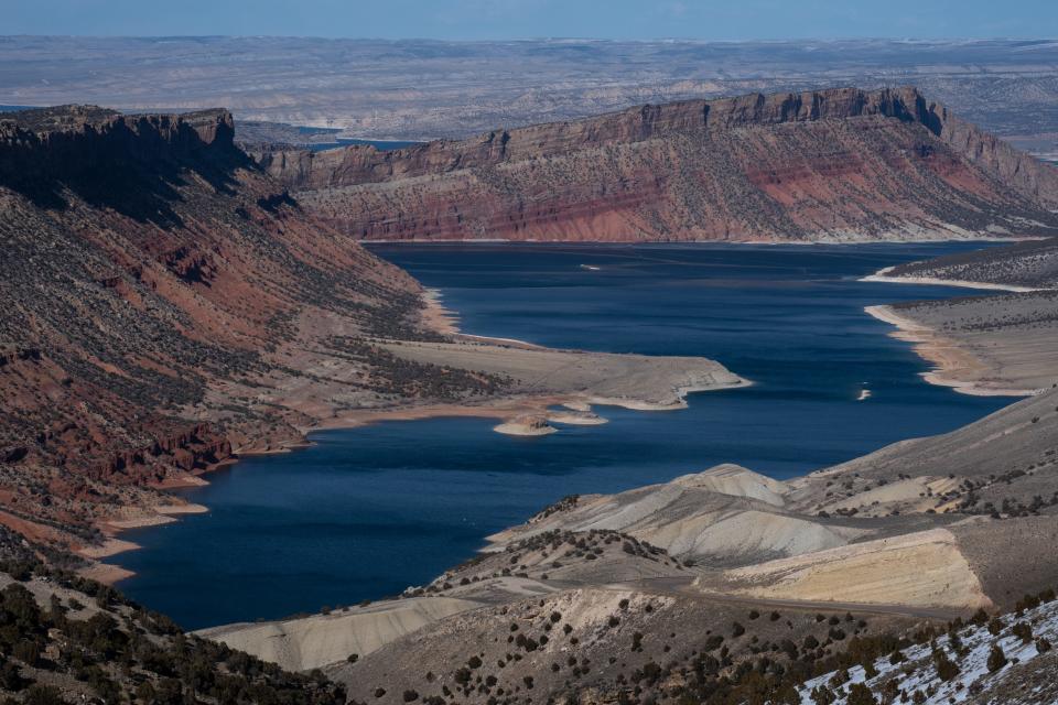 Flaming Gorge Reservoir in Ashley National Forest, Wyoming, on March 24, 2022. The reservoir that straddles the Wyoming-Utah state line is a key storage bank that helps send water to Lake Powell, but it got only 57% of normal inflows during this year’s runoff season.