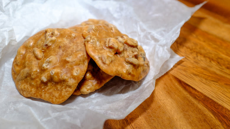 Pecan pralines on counter