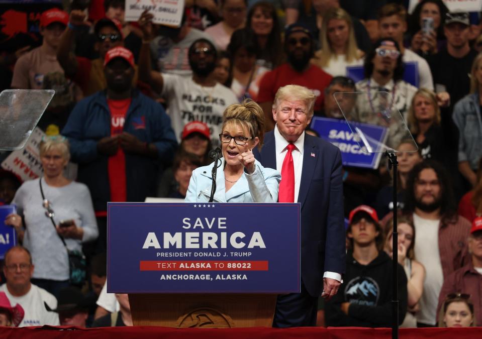 Former President Donald Trump campaigns for former Alaska Gov. Sarah Palin at a rally in Anchorage, Alaska on July 9, 2022.