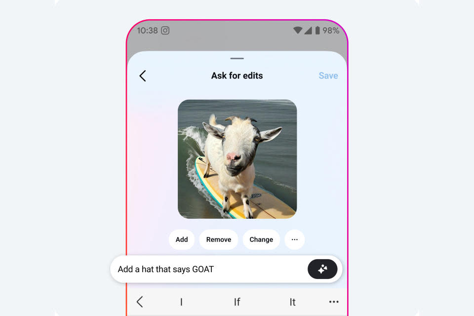 Phone showing Meta AI, with a goat surfing.