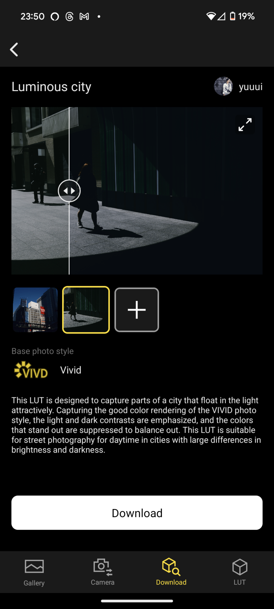 Screenshot of the Lumix Lab app and LUT color profile options