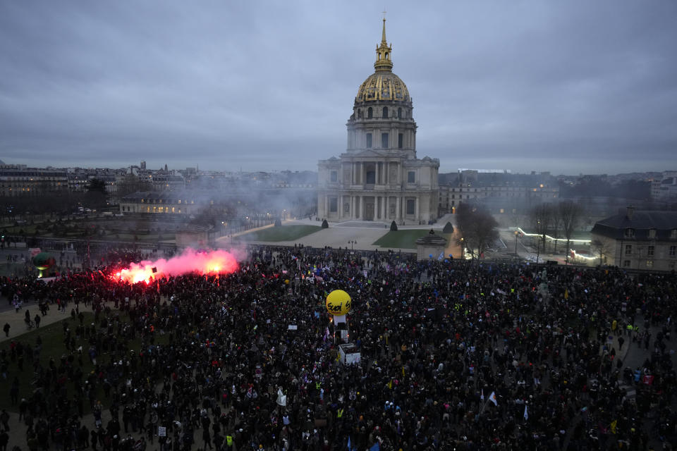 Protestors end the demonstration against plans to push back France's retirement age, at the Invalides monument, Tuesday, Jan. 31, 2023 in Paris. Labor unions aimed to mobilize more than 1 million demonstrators in what one veteran left-wing leader described as a "citizens' insurrection." The nationwide strikes and protests were a crucial test both for President Emmanuel Macron's government and its opponents. (AP Photo/Thibault Camus)