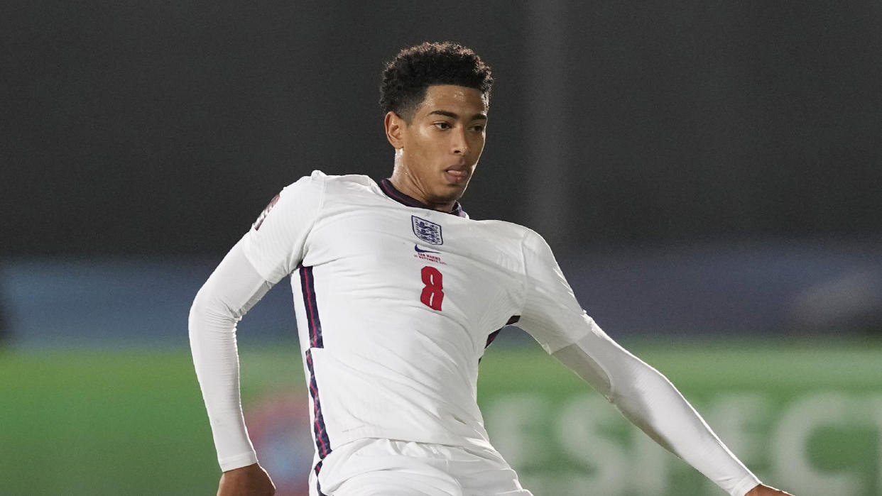 England's Jude Bellingham controls the ball during the World Cup 2022 group I qualifying soccer match between San Marino and England at Olympic Stadium, in Serravalle, San Marino, Monday, Nov. 15, 2021. (AP Photo/Antonio Calanni)